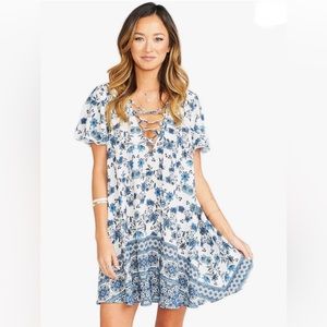 Show Me Your Mu Mu Womens Coquette Kylie Lace Up Blue Floral Swing Dress XS Boho